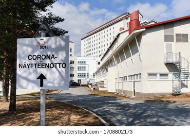 Joensuu, Finland - April 19, 2020: Road Sign To Coronavirus Sampling In Siun Sote Public Health Department In The Finnish Language 