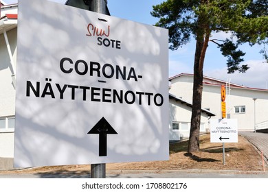 Joensuu, Finland - April 19, 2020: Road Sign To Coronavirus Sampling In Siun Sote Public Health Department In The Finnish Language 