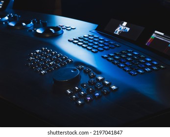 Jog dial and buttons on color grading control surface - Shutterstock ID 2197041847