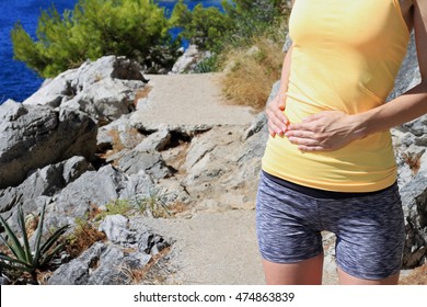 Jogging Side Stitch, ETAP. Woman Runner Side Cramps After Running.