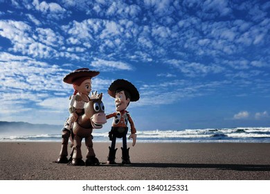 JOGYAKARTA, INDONESIA - OCTOBER 25th, 2020 - Location Parangtritis Beach, Shot On The Beach Side With Toy Story At Sunrise