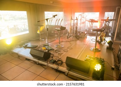 JOHANNESBUR, SOUTH AFRICA - Apr 22, 2022: A Small Stage Set-up For A Gig With Musical Instruments