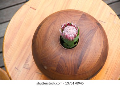 Johannesburg Gauteng South Africa 02072011 Decor With Protea Flower Formal Setting Gala Dinner Party Year End Wedding Round Wood And Glass Vase Close Up Outdoor