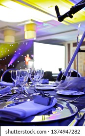 Johannesburg, Gauteng, South Africa, 10 30 2010 Table Setting Decoration At A Gala Dinner Corporate Formal Event Banquet With Star And Telescope