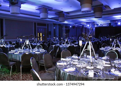 Johannesburg, Gauteng, South Africa, 10 30 2010 Table Setting Decoration At A Gala Dinner Corporate Formal Event Banquet With Star And Telescope