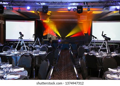 Johannesburg, Gauteng, South Africa, 10 30 2010 Table Setting Decoration At A Gala Dinner Corporate Formal Event Banquet With Star And Telescope