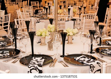 Johannesburg Gauteng South Africa 10292009 Table Setting Decoration At A Gala Dinner Corporate Formal Event Banquet Black And White