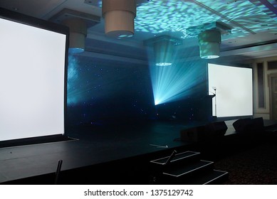 Johannesburg Gauteng South Africa 10302010 Table Setting Decoration At A Gala Dinner Corporate Formal Event Banquet With Stage And Turquoise Light