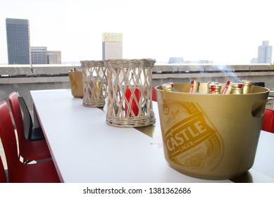 Johannesburg Gauteng South Africa 11272020 Castle Larger Beer On Table With City Scape 