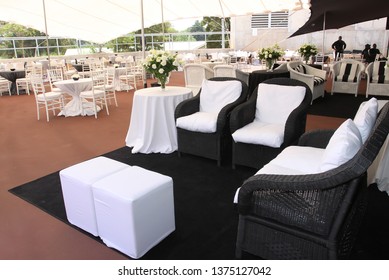 Johannesburg Gauteng South Africa 11282008 Table Setting Decoration At A Gala Dinner Corporate Formal Event Banquet With Black And White Stripes And White Flowers