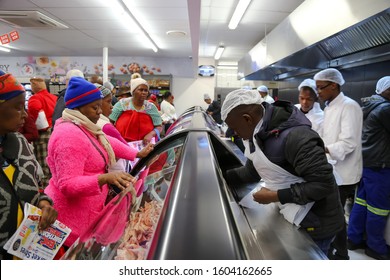 Johannesburg Gauteng South Africa 12 20 2019 Supermarket Fridge Display With Meat And Workers Covid-19 Corona Virus Pandemic Township Food Shortage Panic Buy