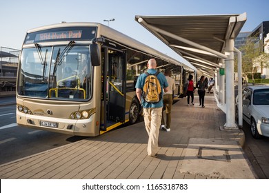 Johannesburg, South Africa, 24 August - 2018: Public Bus Terminal With Busses Waiting For Passengers.