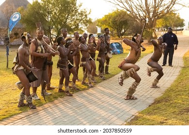 JOHANNESBURG, SOUTH AFRICA - Aug 11, 2021: Traditional African Dancers Performing In Tribal Clothing And Adornments In Johannesburg