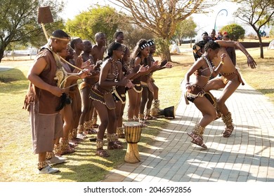 JOHANNESBURG, SOUTH AFRICA - Aug 11, 2021: Traditional African Dancers Performing In Tribal Clothing And Adornments In Johannesburg, South Africa