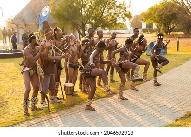 JOHANNESBURG, SOUTH AFRICA - Aug 11, 2021: Traditional African Dancers Performing In Tribal Clothing And Adornments In Johannesburg, South Africa