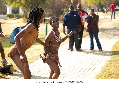 JOHANNESBURG, SOUTH AFRICA - Aug 11, 2021: The Traditional African Dancers Performing In Tribal Clothing And Adornments