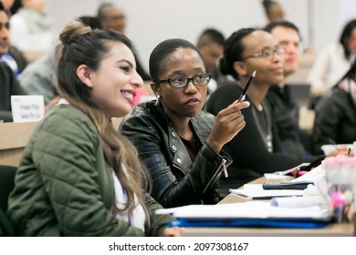 JOHANNESBURG, SOUTH AFRICA - Aug 11, 2021: A beautiful shot of Diverse adult delegates attending business lecturre in classroom