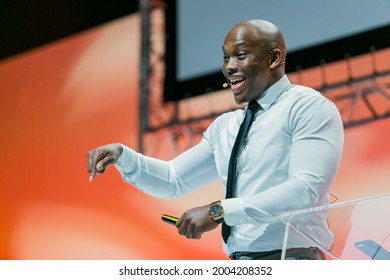 Johannesburg, South Africa - August 21, 2018: Entrepreneur and speaker Vusi Thembekwayo live on stage at Think Sales Convention