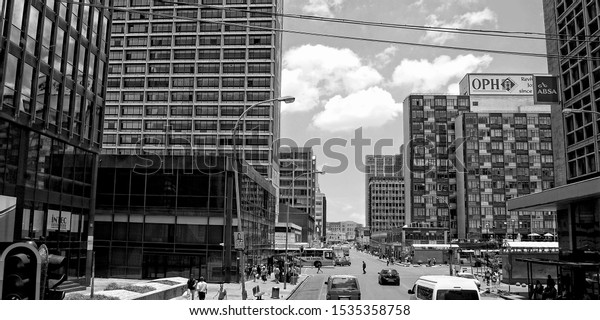 Johannesburg, South Africa -\
December 21, 2013: Streets of Johannesburg. Black and White\
Photography.