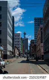 Johannesburg, South Africa - December 29, 2021: City Scape Looking Down A Typical Street Midday Johannesburg City