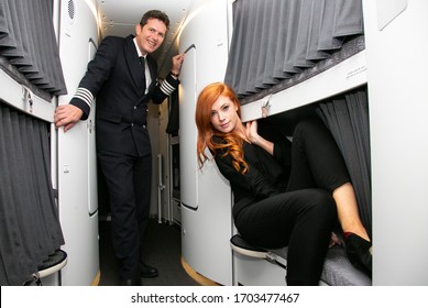 Johannesburg, South Africa - February 06, 2014: Flight Attendants In The Crew Sleeping Quarters On Board An Airbus A380