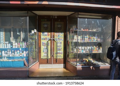 Johannesburg, South Africa - February 08, 2021: Store Front Of A Traditional African Muthi Shop With An Array Of Items On Display Mid Morning Newtown