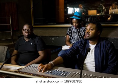 JOHANNESBURG, SOUTH AFRICA - Jan 18, 2021: Johannesburg, South Africa - April 28, 2015: Nigerian Music Producer Cobhams Asuquo Working In Studio With African Artists