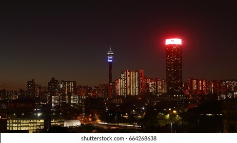 JOHANNESBURG, SOUTH AFRICA - June 17, 2017: Night View Of The Johannesburg City Skyline Including The Ponte And Hillbrow Towers.