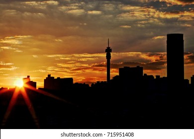 JOHANNESBURG, SOUTH AFRICA - June 17, 2017: Sunset View Of The Johannesburg City Skyline Including The Ponte And Hillbrow Towers (silhouette Effect).