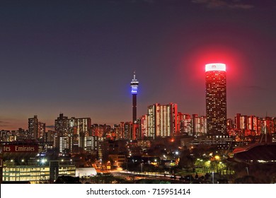 JOHANNESBURG, SOUTH AFRICA - June 17, 2017: Sunset View Of The Johannesburg City Skyline Including The Ponte And Hillbrow Towers.