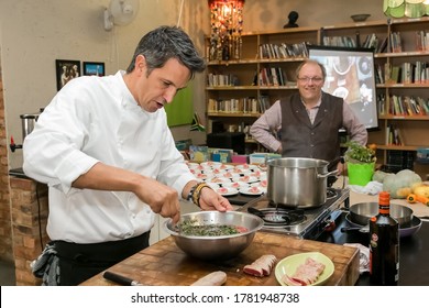 Johannesburg, South Africa - June 7, 2014: Chef Preparing Ingredients At Cooking Class For Beer And Food Pairing