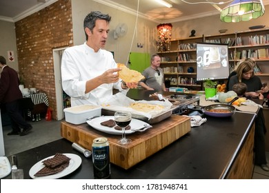 Johannesburg, South Africa - June 7, 2014: Chef Demonstrating Techniques At Cooking Class For Beer And Food Pairing