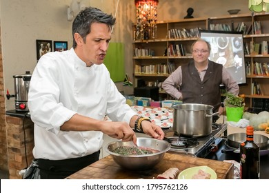 Johannesburg, South Africa - June 7, 2014: Chef Preparing Ingredients At Cooking Class For Beer And Food Pairing