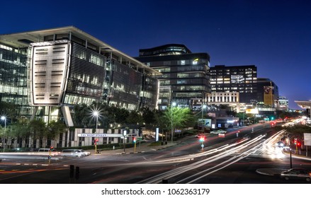 Johannesburg, South Africa, March 29-2018: City Street With Modern Buildings In Skyline. Long Exposure Of City Street.