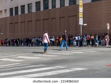 Johannesburg, South Africa - May 07, 2022 - People Waiting In Line For The Public Transport Bus In Johannesburg Central Business District 