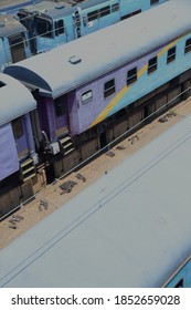 Johannesburg, South Africa - November 02, 2020: Top Side View Of Blue Train In A Locomotive Yard Midday Braamfontein