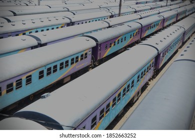 Johannesburg, South Africa - November 02, 2020: Top Side View Of Blue Train In A Locomotive Yard Midday Braamfontein