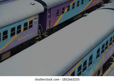 Johannesburg, South Africa - November 02, 2020: Top Side View Of Blue Train In A Locomotive Yard Midday Braamfontein