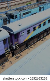 Johannesburg, South Africa - November 02, 2020: Top Side View Of Blue Train In A Locomotive Yard Midday Braamfontein