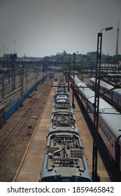 Johannesburg, South Africa - November 02, 2020: Looking Down On A Blue Train Ready For Maintenance Midday Braamfontein