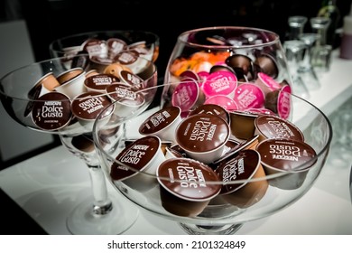 JOHANNESBURG, SOUTH AFRICA - Sep 30, 2021: A Closeup Shot Of Bowls Filled With Nescafe Dolce Gusto Capsules, Product Launch Event