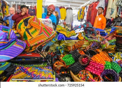 Johannesburg , South Africa - September 21 , 2017 : African Colorful Designs,hats,bags Etc On A Table At A Market