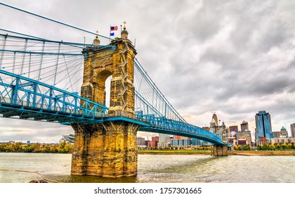 John A. Roebling Suspension Bridge between Cincinnati, Ohio and Covington, Kentucky spanning the Ohio River. United States - Powered by Shutterstock