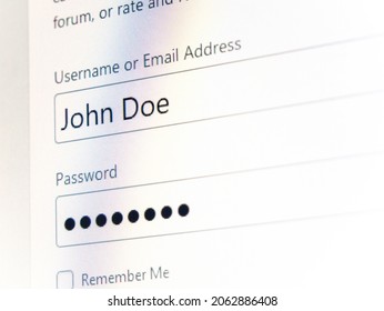 John Doe fake username login and password private account credentials simple authentication abstract concept, nobody, computer monitor display closeup detail Online login form, cyber security, privacy - Shutterstock ID 2062886408