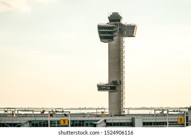 John F. Kennedy Airport (JFK) Air Traffic Control (ATC) Tower As Seen From The Airport Terminal. Queens, New York, USA, October 2, 2019.