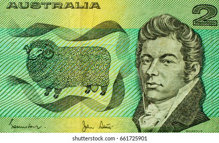 John MacArthur Portrait On Australian 2 Dollars Banknote Close-up. John MacArthur - British Army Officer, Entrepreneur, Politician And Specialist In The Field Of Woolen Industry