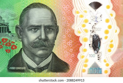 John Monash Portrait From Australian 100 Dollar 2020 Banknotes. 
