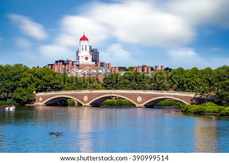 John W. Weeks Bridge with clock tower over Charles River in Harvard University campus Boston 