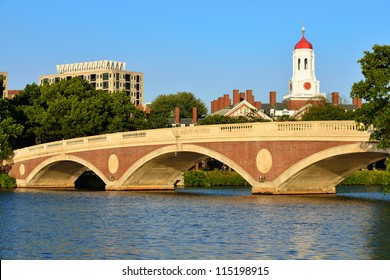John Weeks Memorial Footbridge over the Charles River, Cambridge. White tower and red dome of Harvard University's student residence in the back.