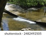 Johnson Creek runs over a small concrete low-water bridge at the entrance of Paris Springs Access, located off of Old Route 66 in Lawrence County, MO, Missouri, US, USA, United States.  